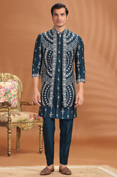 Rama Blue Silk Embroidered Jacket Kurta Set
